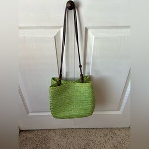 Sonoma life + style green straw weave purse bag wood/leather handle straps